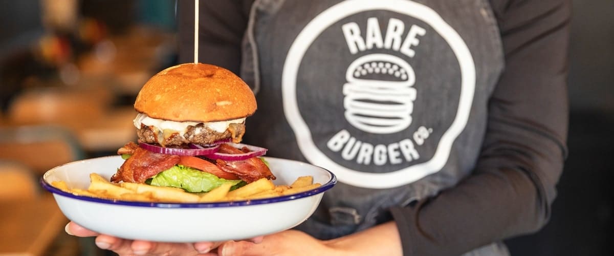 Image of a burger and smoothie at Rare Burger
